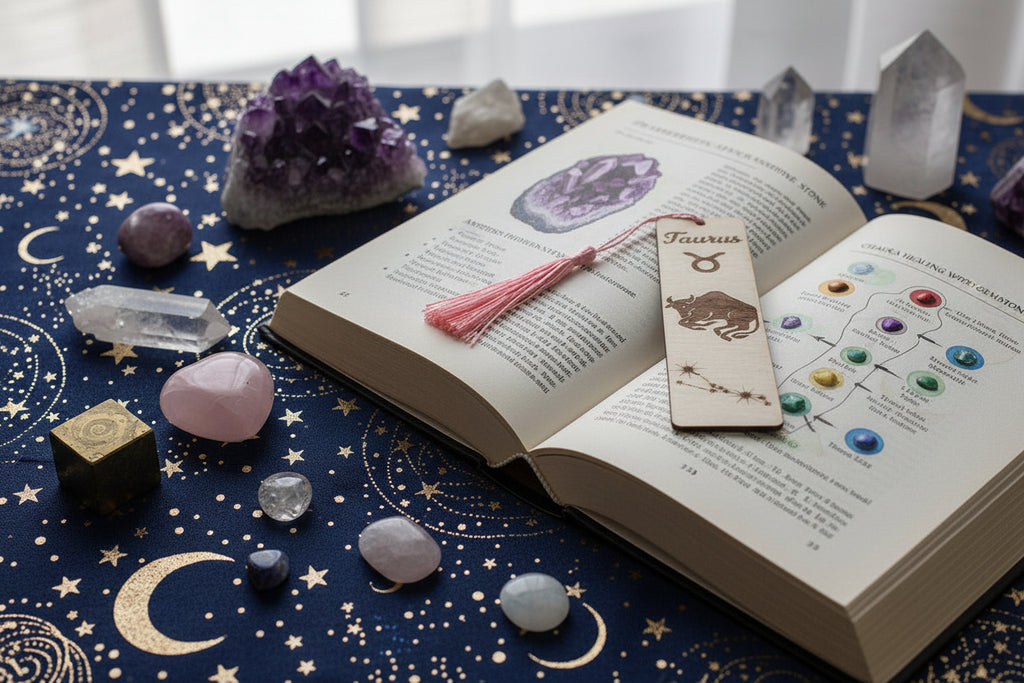 Zodiac bookmark with an open book with gemstones and crystals on a star-patterned surface