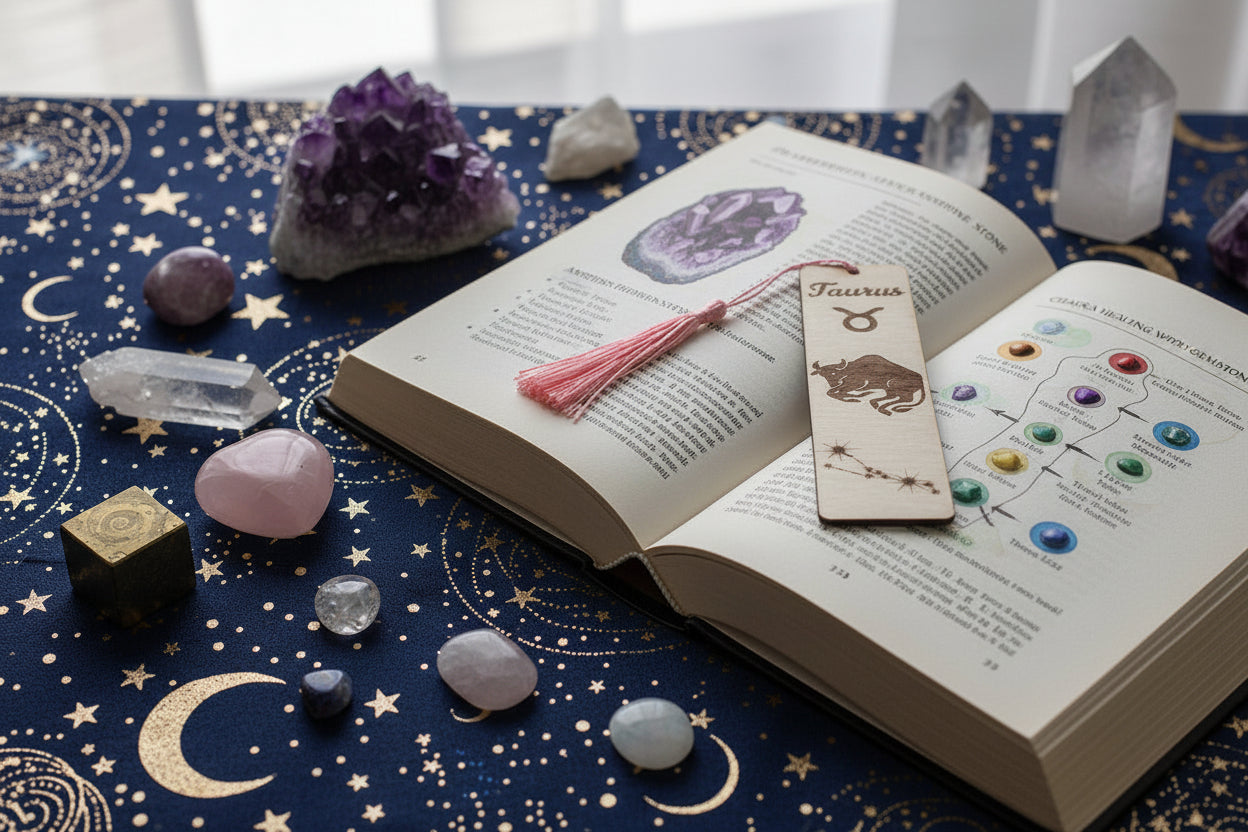 Zodiac bookmark with an open book with gemstones and crystals on a star-patterned surface