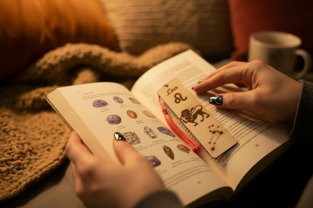 Wooden bookmark with tassel and engraved zodiac symbol