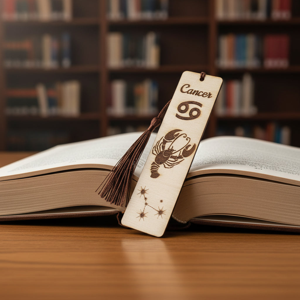 Wooden bookmark with Cancer zodiac symbol and tassel
