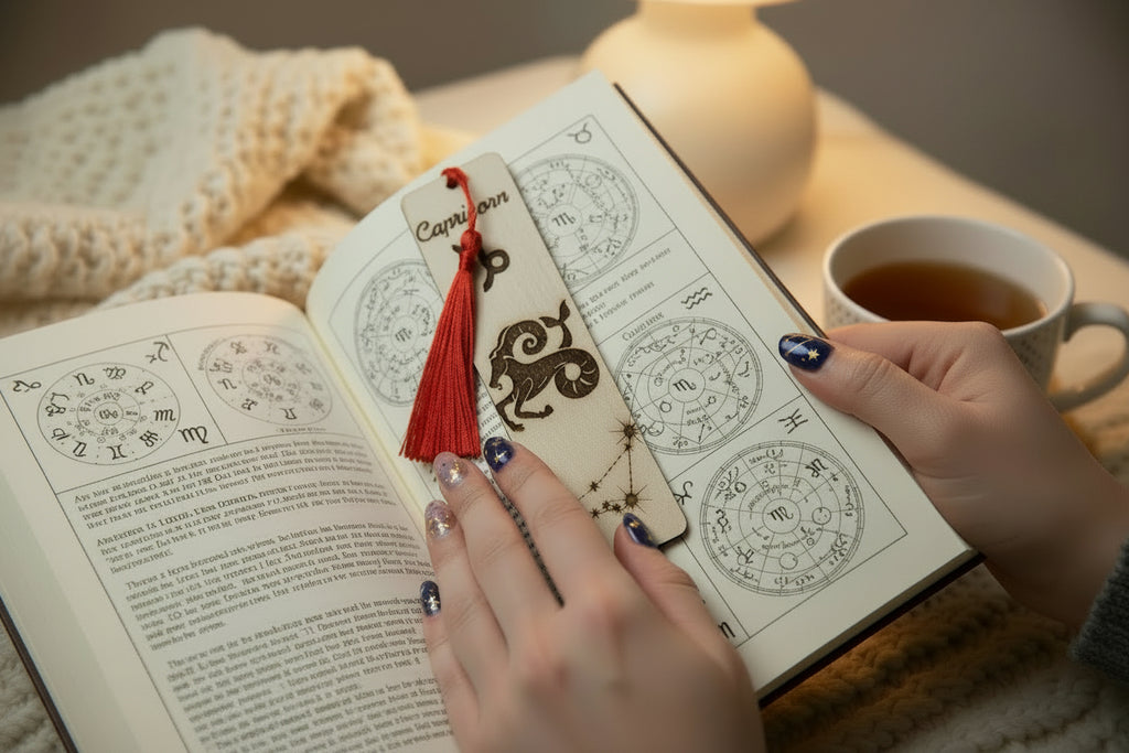 Wooden bookmark with zodiac symbol and red tassel 