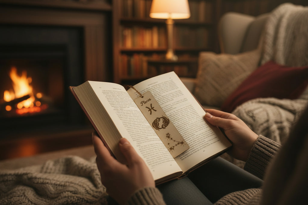 Person reading a book in a cozy room with a fireplace with a zodiac themed bookmark