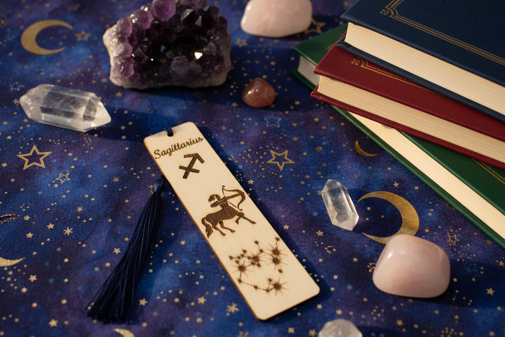 Wooden bookmark with zodiac symbol and constellation design 